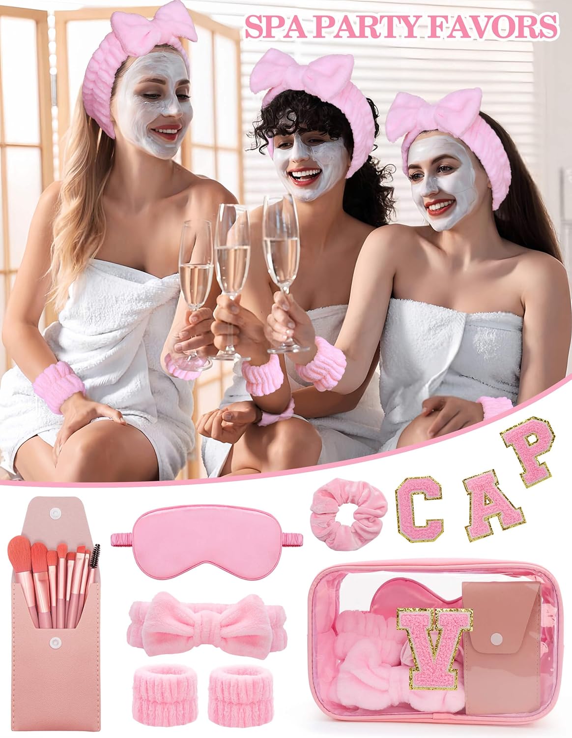Gift Sets for Women, Initial Makeup Bag with Makeup Brush Set Bachelorette Party Favors, Pink Spa Kit with Skincare Headbands Wrist Bands Sleepover Party Supplies Gifts for Teen Girls Bridesmaid V