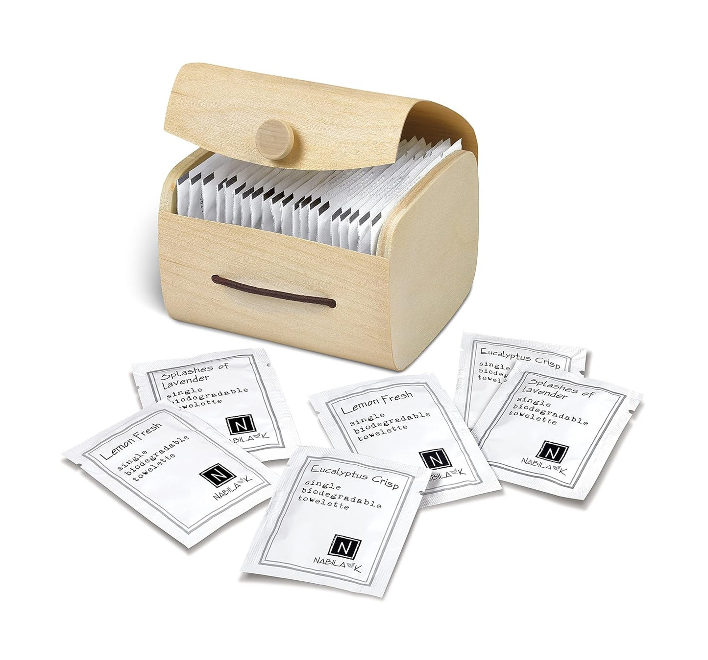 Moist Towelettes Scented Variety Pack Single Use by Nabila K - Alcohol-Free, Plant-Based with Natural Ingredients - Individually Wrapped Disposable Travel Size Wipes with Bamboo Case - 20 Count