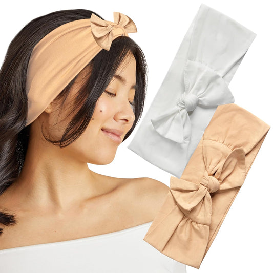 Kitsch Eco-Friendly Adjustable Bow Headband for Women | Stylish Cotton Hair Band & Head Tie for Girls, 2pc (Sand)