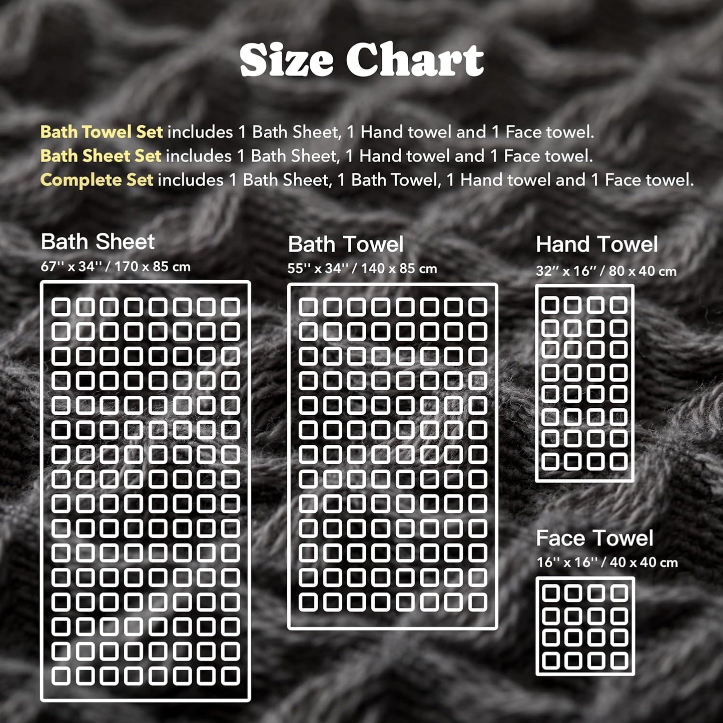 Luxury Japanese Cotton Waffle Bath Towel | Plush, Absorbent, and Quick Dry | Free Storage Bag Included (Smoke Grey, Bath Towel Set (3-Piece))