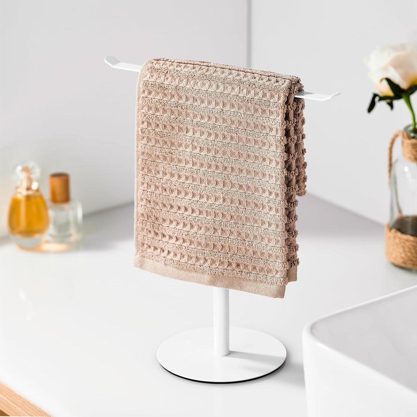 White Hand Towel Holder Stand – Countertop T-Shaped Stainless Steel Towel Rack with Non-Slip Base for Vanity and Kitchen