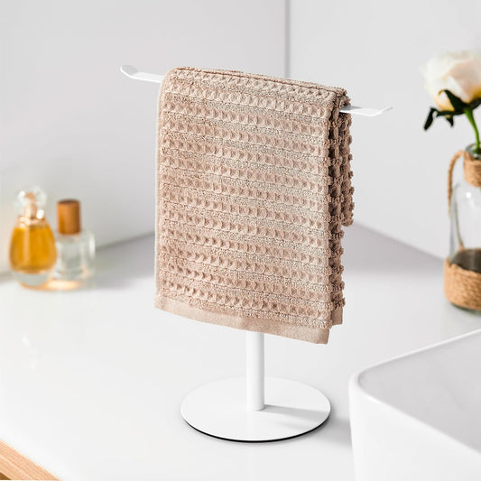 White Hand Towel Holder Stand – Countertop T-Shaped Stainless Steel Towel Rack with Non-Slip Base for Vanity and Kitchen