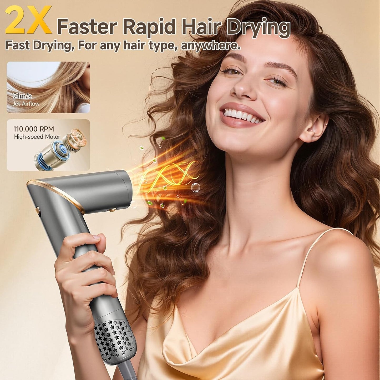 8 in 1 Negative Ionic Foldable Wrap Air Hair Styler Set, 110000 RPM High-Speed Hot Air Brush Blow Dryer for Curl, Fast Drying, Straightening - Multifunctional Hair Dryer Brush with Attachments