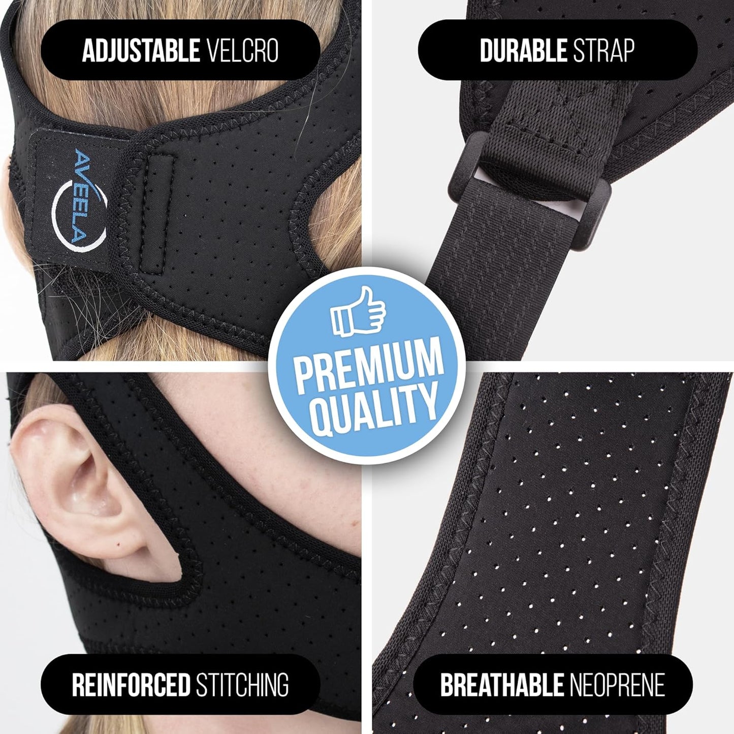 Chin Strap for Sleeping by AVEELA | CPAP Chin Strap in 3 Sizes, Anti Snoring Devices for Men and Women | Double Airflow Jaw Strap, Stop Snoring Solution Chin Strap - Small Chin Strap for CPAP Users