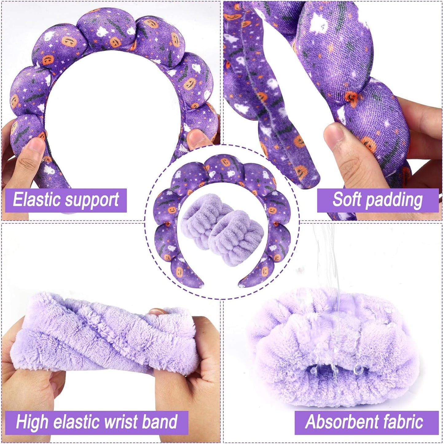 Zkptops Spa Headband for Washing Face Wristband Set Sponge Makeup Skincare Velvet Fabric Bubble Get Ready Hairband Puffy Headwear Non Slip Thick Thin Hair Accessory Gift for Women Girls(Halloween)