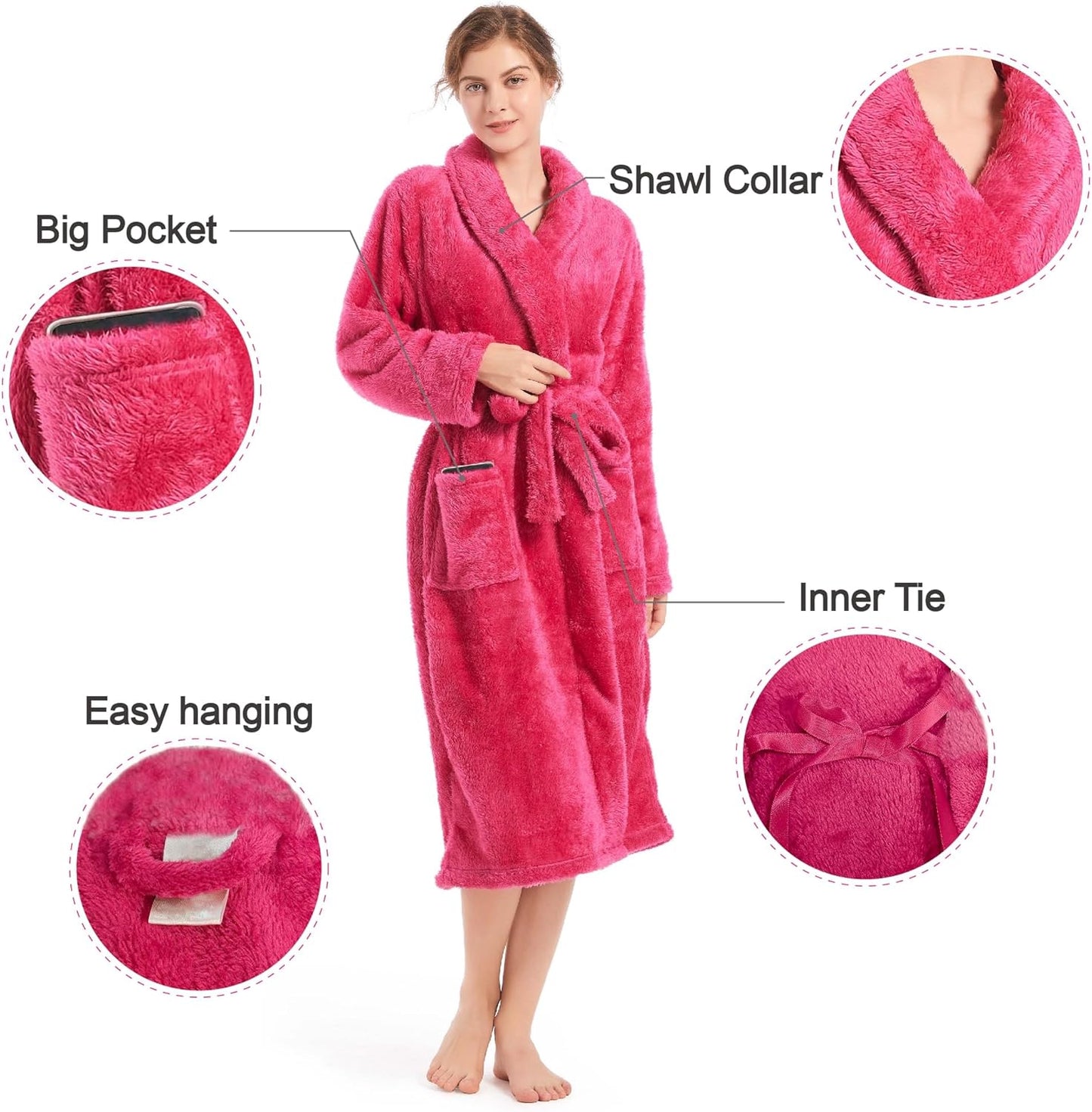 Inner Wish Womens Plush Fleece Robe, Cozy Warm Bathrobe Fuzzy Female Spa Robe With Pockets