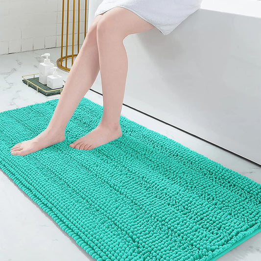 Grandaily Chenille Striped Bathroom Rugs 59x24, Extra Thick and Absorbent Bath Mats, Non-Slip Soft Plush Shaggy Shower Carpet, Machine Wash Dry, Bath Rug for Bathroom, Teal