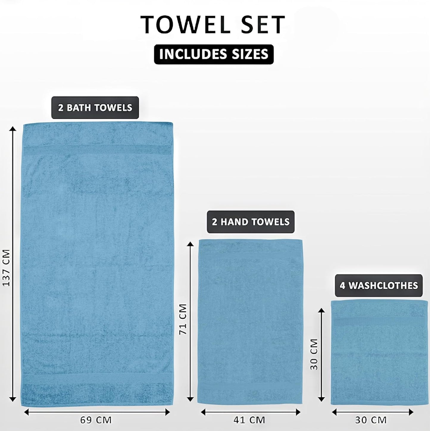 Luxury 8 Piece Towel Set, 2 Bath Towels 2 Hand Towels 4 Washcloths, Towels for Bathroom, Home, Spa & Gym - Highly Absorbent Ultra Soft Quick-Dry (Sky Blue)