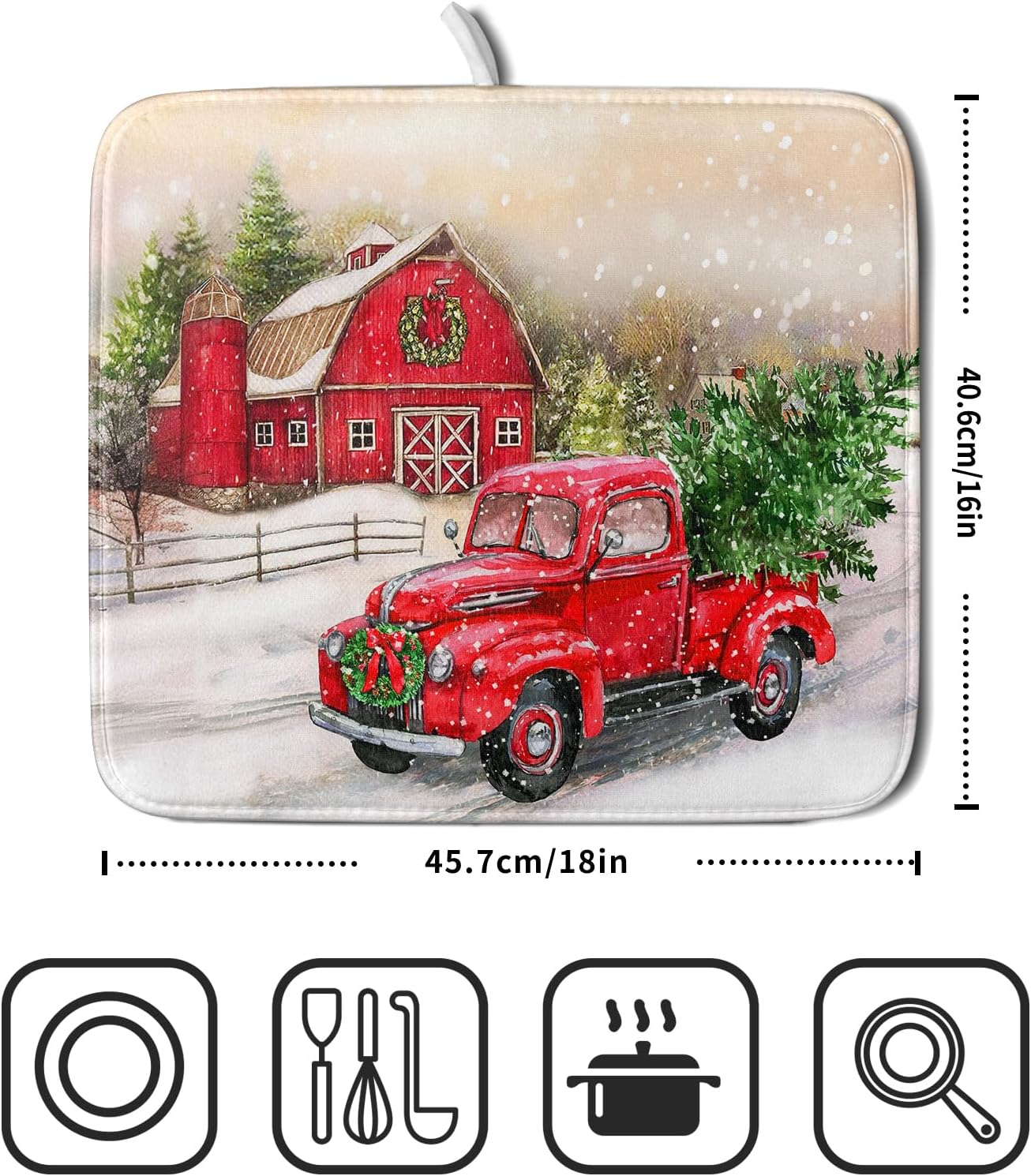 Red Truck Dish Drying Mat Xmas Tree Dish Drainer Rack Mat Winter Microfiber Absorbent Drying Pad for Home Kitchen Counter Decor 16x18 Inch