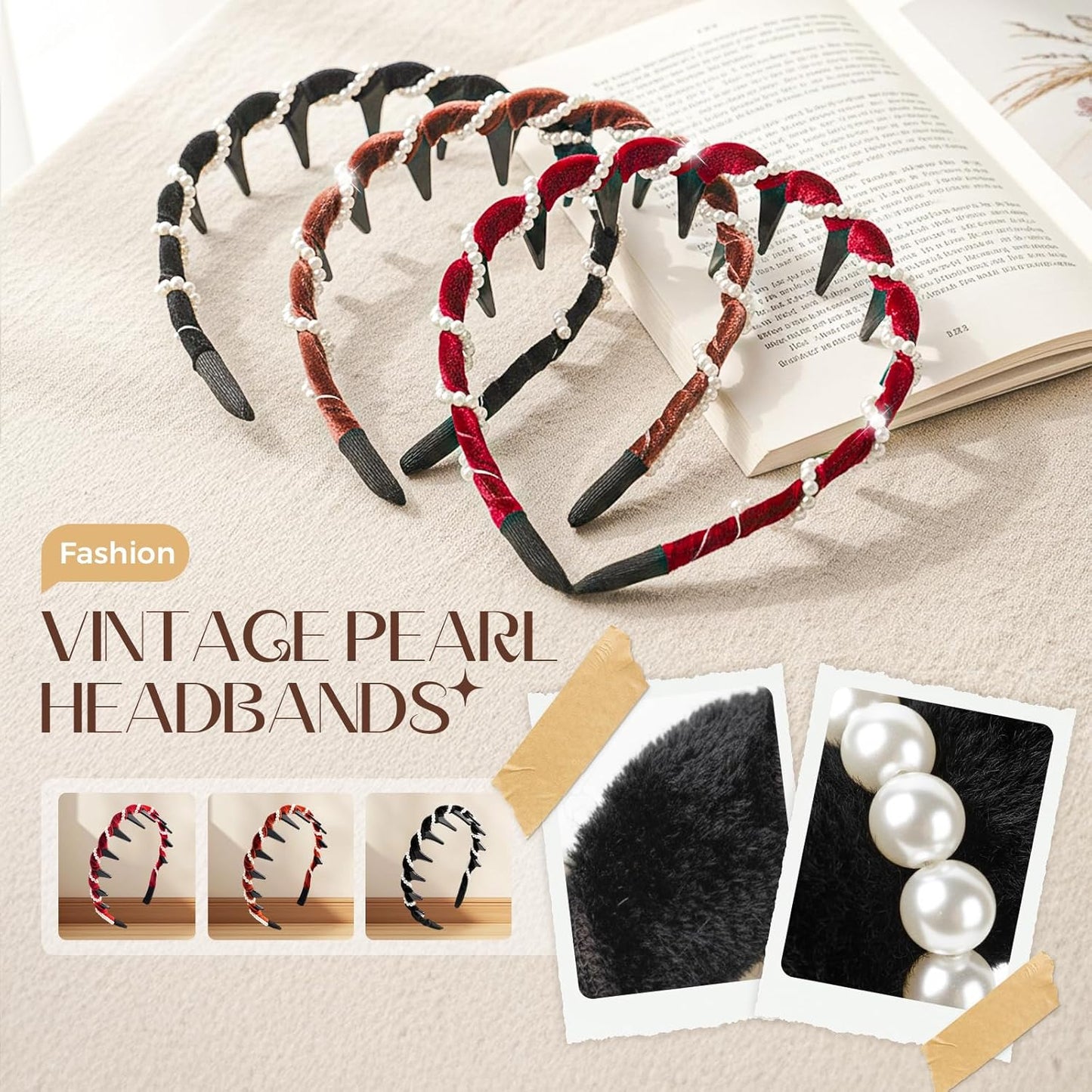 Vintage Pearl Headbands for Women - 3/2 Pack Comfortable High Cranium Hair Band with Non-Slip Teeth | Boho & Elegant Hair Accessories for Wedding, Party, Work, Date, Daily Wear, Gift for Her