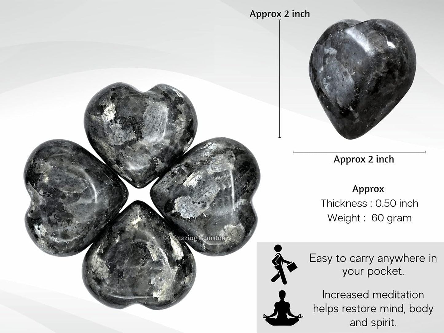 Amazing Gemstone Larvikite Crystal Heart Palm Stone - Pocket Massage Worry Stone for Natural Body Chakra Balancing, Reiki Healing and Crystal Grid
