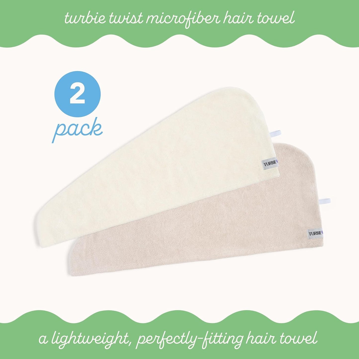 Turbie Twist 2-Pack Microfiber Hair Towel for Beauty, Travel, Gifting - Wrap Turban for Straight, Wavy & Curly Hair - Premium Personal Care - Antique White & Moonbeam