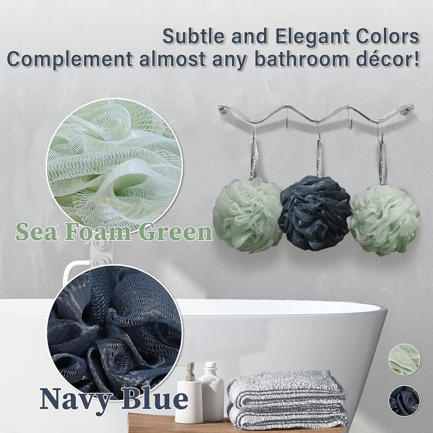 myHomeBody Large 70g Loofah Sponge, Body Scrubber, Bath Sponge, Loofah for Women, Men, Exfoliating Sponge Shower Pouf with Activated Charcoal - 2 Sea Foam Green + 1 Navy Blue, 3 Pack