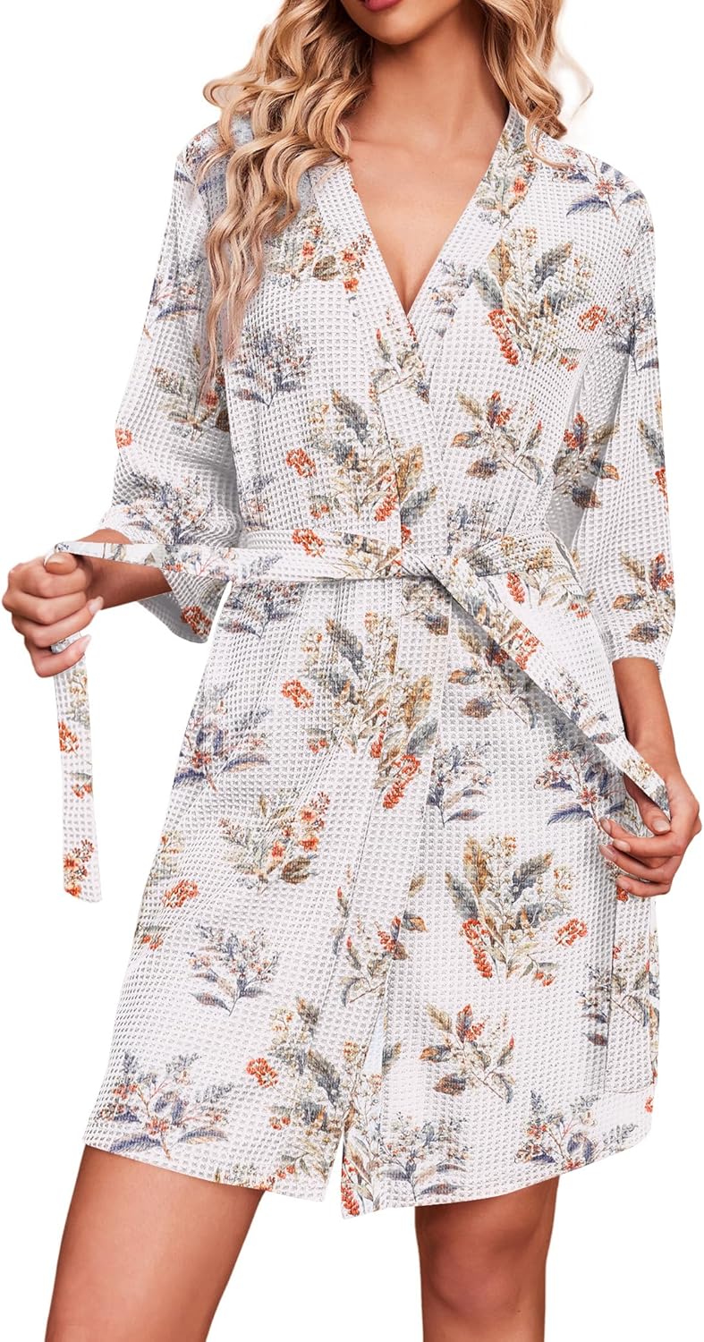 Ekouaer Robes for Women Waffle Knit Bathrobe Soft Lightweight Knee Length Loungewear S-XXL