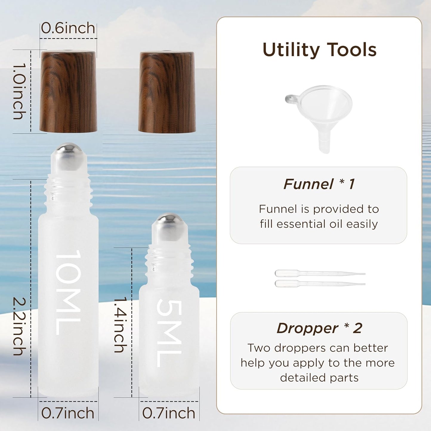 Essential Oil Roller Bottles, 4PCS (10ml & 5ml) Glass Perfume Roller Bottles with Funnel Opener and Dropper Beauty and Personal Care Tools (White-brown cover, 4 Packs)