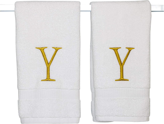 Monogrammed Hand Towels for Bathroom - Luxury Hotel Quality Personalized Initial Decorative Embroidered Bath Towel for Powder Room, Spa - GOTS Organic Certified - Set of 2 Gold Letter Y