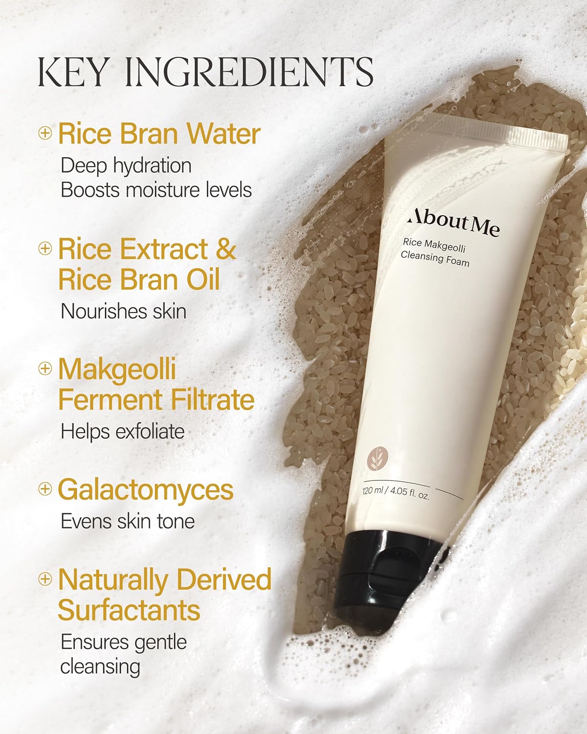 About Me Rice Makgeolli Cleansing Foam – Korean Traditional Fermentation Face Wash for Sensitive Skin – Daily pH Balanced Cleansing with Rice Bran Water – Korean Skin Care – 4.06oz, 120ml
