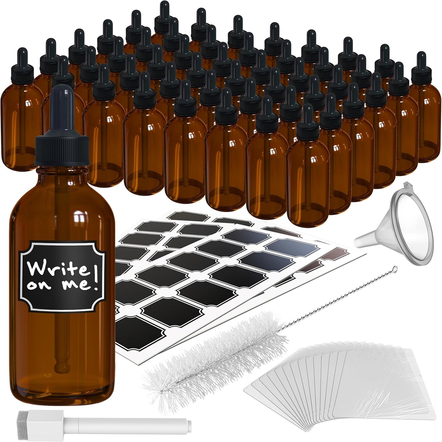 Nevlers Amber Glass Dropper Bottles 4 Oz 48 Pack | Tincture Bottles with Dropper, Shrink Wrap, Funnel, Brush, Marker, & Labels | Glass Oil Bottle | Liquid Medicine Dispenser | Apothecary Supplies