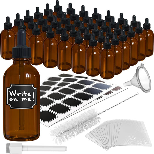 Nevlers Amber Glass Dropper Bottles 4 Oz 48 Pack | Tincture Bottles with Dropper, Shrink Wrap, Funnel, Brush, Marker, & Labels | Glass Oil Bottle | Liquid Medicine Dispenser | Apothecary Supplies