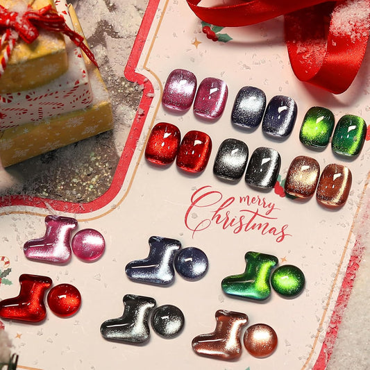 Born Pretty 6 Colors Christmas Cat Magnetic Eye Gel Nail Polish Set,Fall Winter Red Green Brown Black Blue Shimmer Glitter Holographic Magnetic Soak Off U V Nail Gel DIY Art for Girls Women 7ML