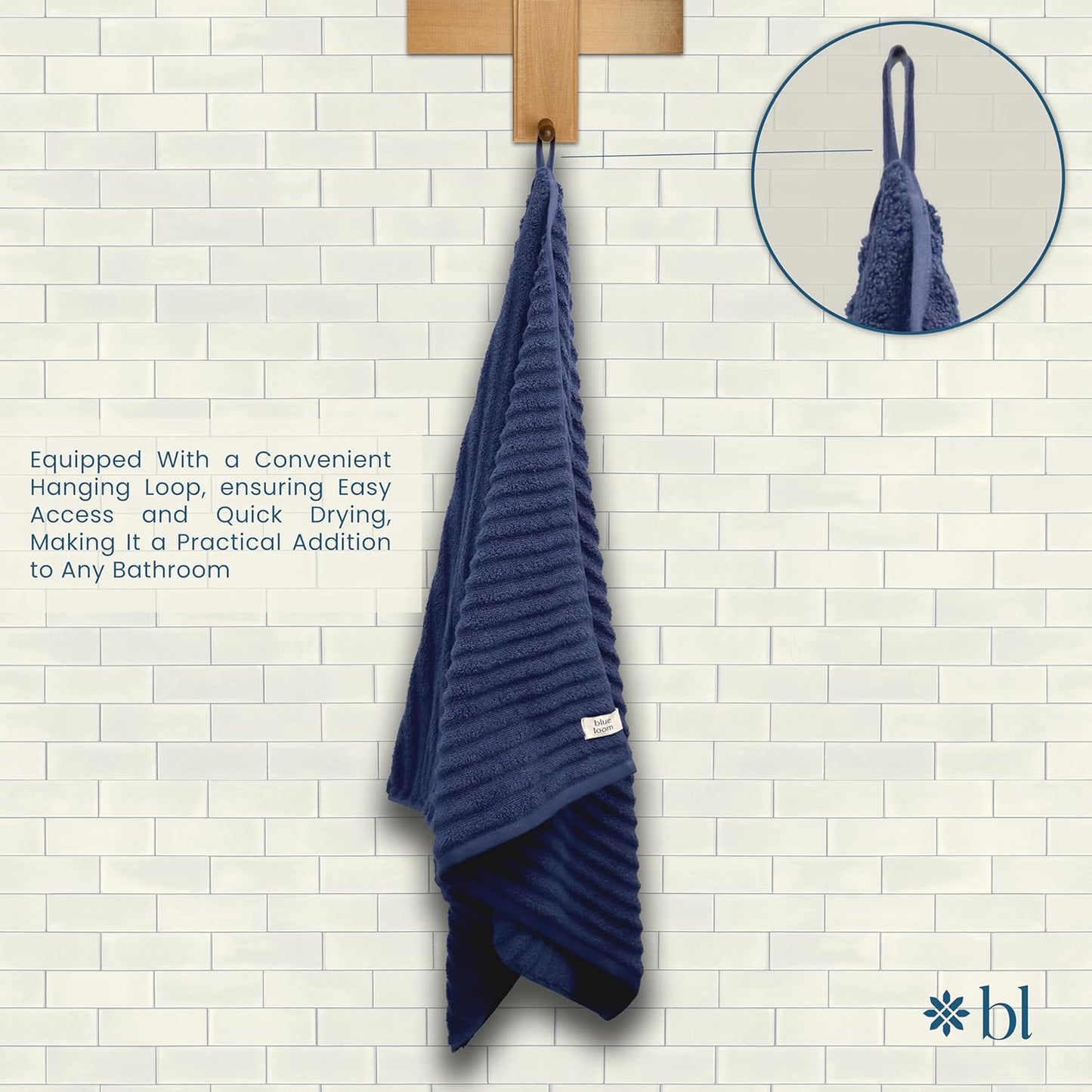 Blue Loom Ribbed Bath Towels Set, 100% Cotton 600GSM, Soft Absorbent Durable 2 Bath Towels, 2 Hand Towels, 2 Wash Cloths for Bathroom - Mason (58" x 30" inch Towels) (Navy, 6 Piece)