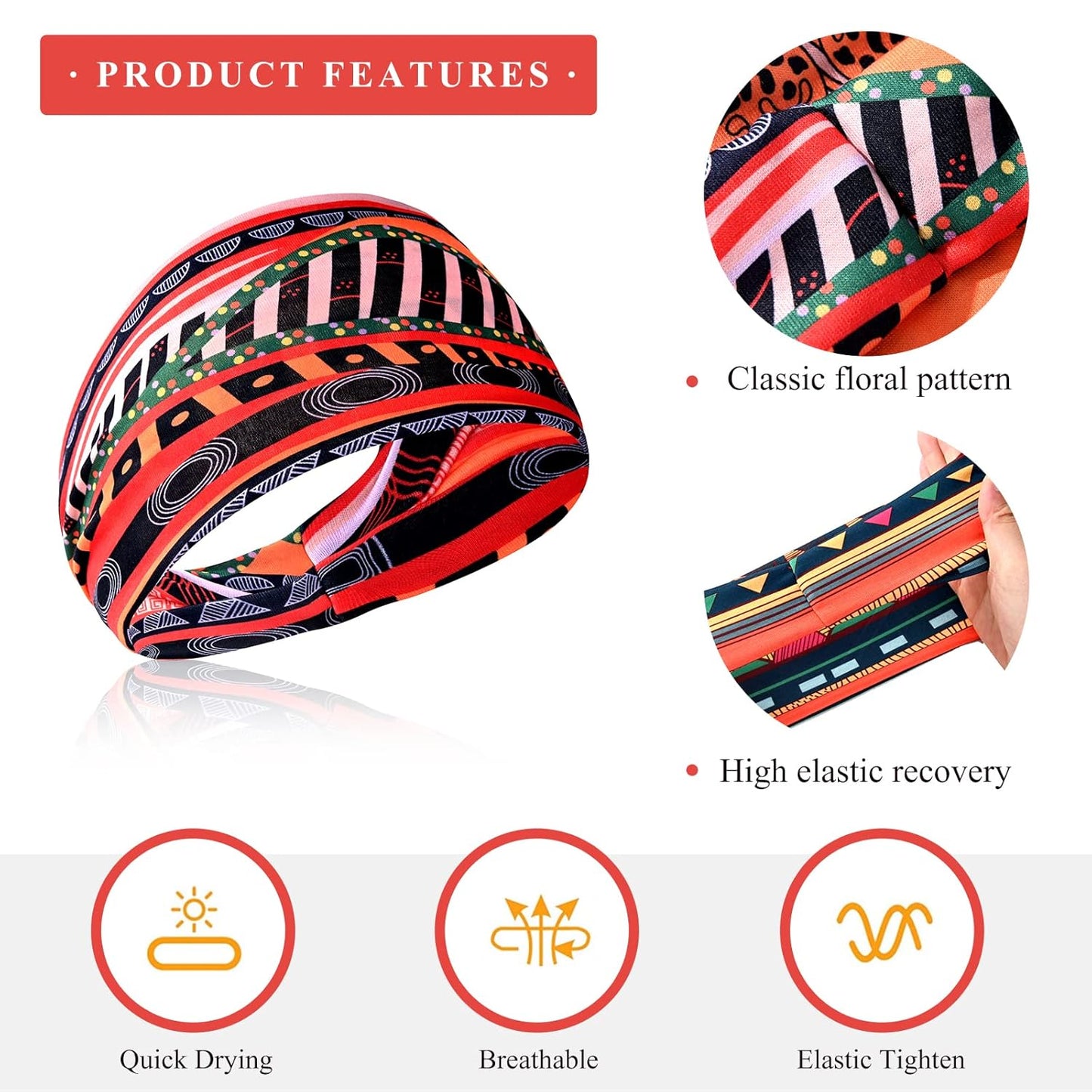 African Headbands Wide Head Wraps for Women Boho Turban Head Bands for Lady Large Sport Workout Stretchy Non-Slip Hair Bands,Pack of 8