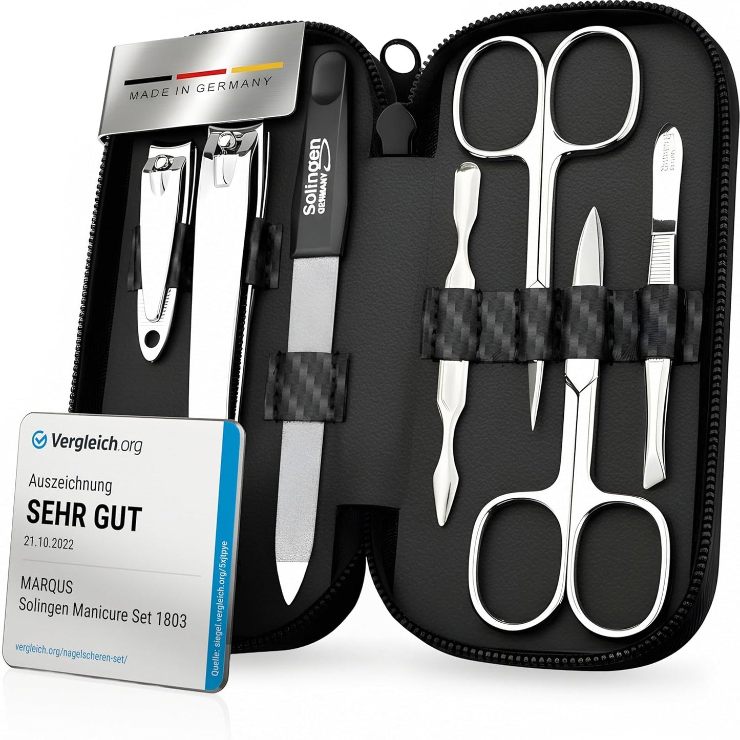 Manicure Set Solingen Made in Germany - 7 Piece Exclusive Finger & Toe Nail Clippers Kit for Women and Men in Vegan Leather Case, Color Carbon