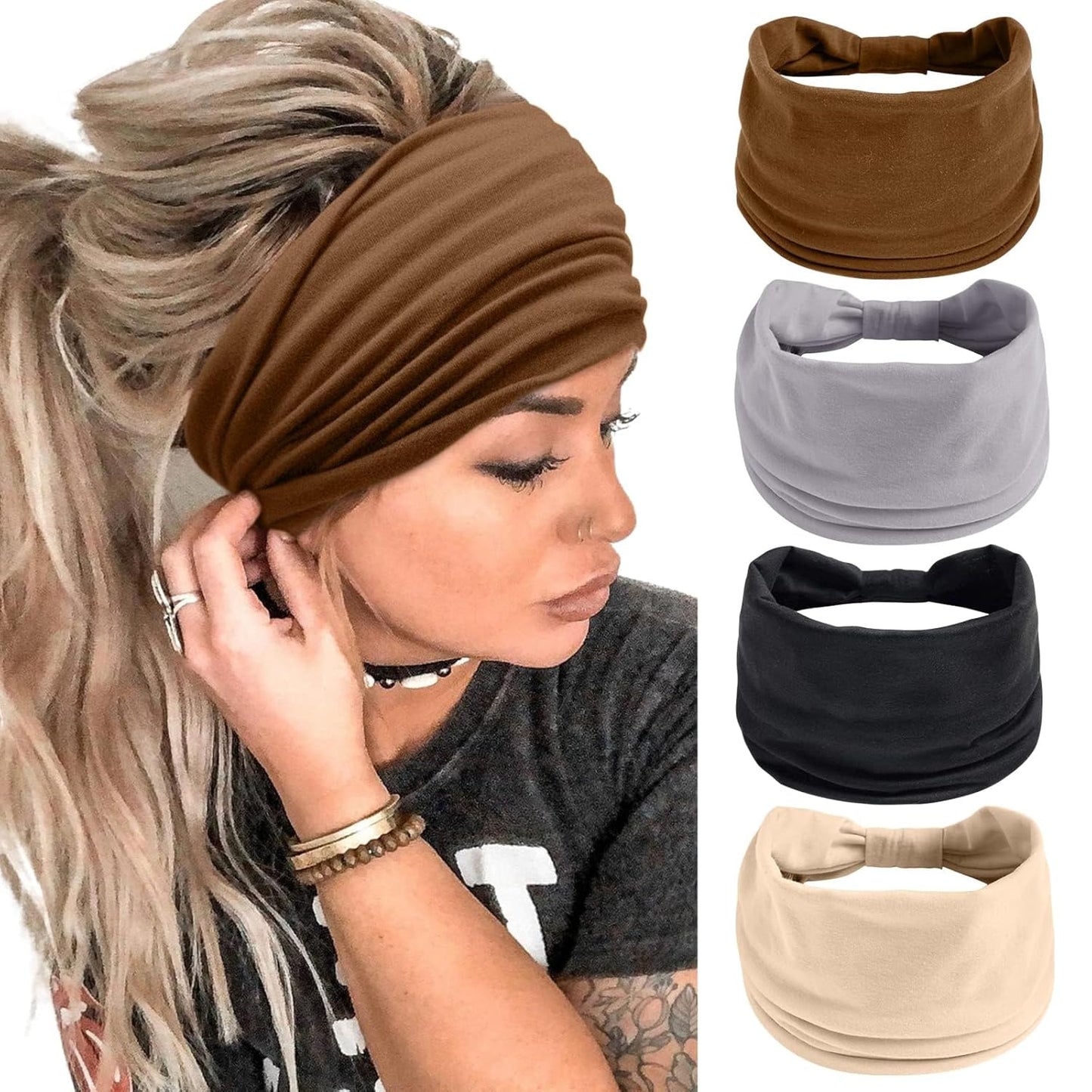Wide Headbands for Women Black Stylish Head Wraps Boho Thick Hairbands Large African Sport Yoga Turban Headband Hair Accessories (Pack of 4)
