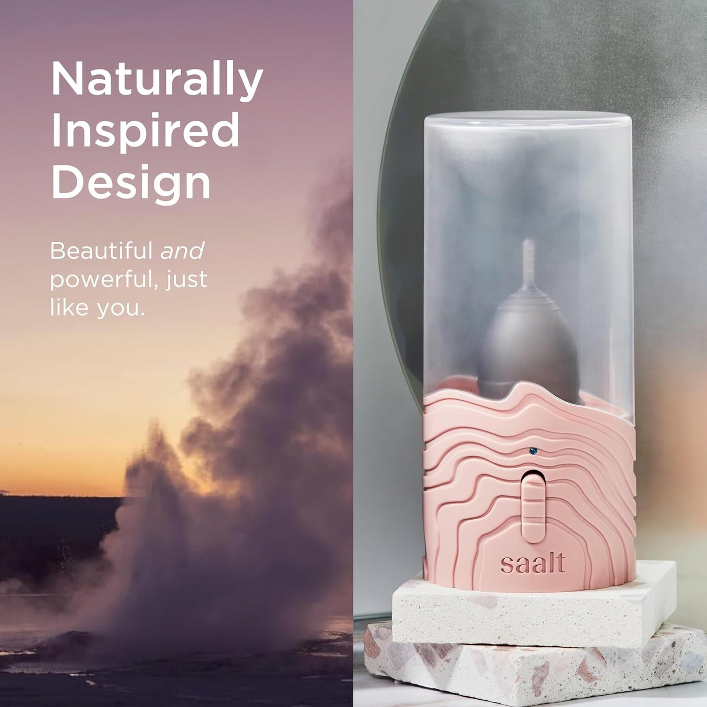 Saalt Menstrual Cup Steamer - Period Cup & Disc Sanitizer - Hands-Free Steam Sanitizer- No-Boil Design with Removable Power Cord - Compact & Portable - Rose Quartz