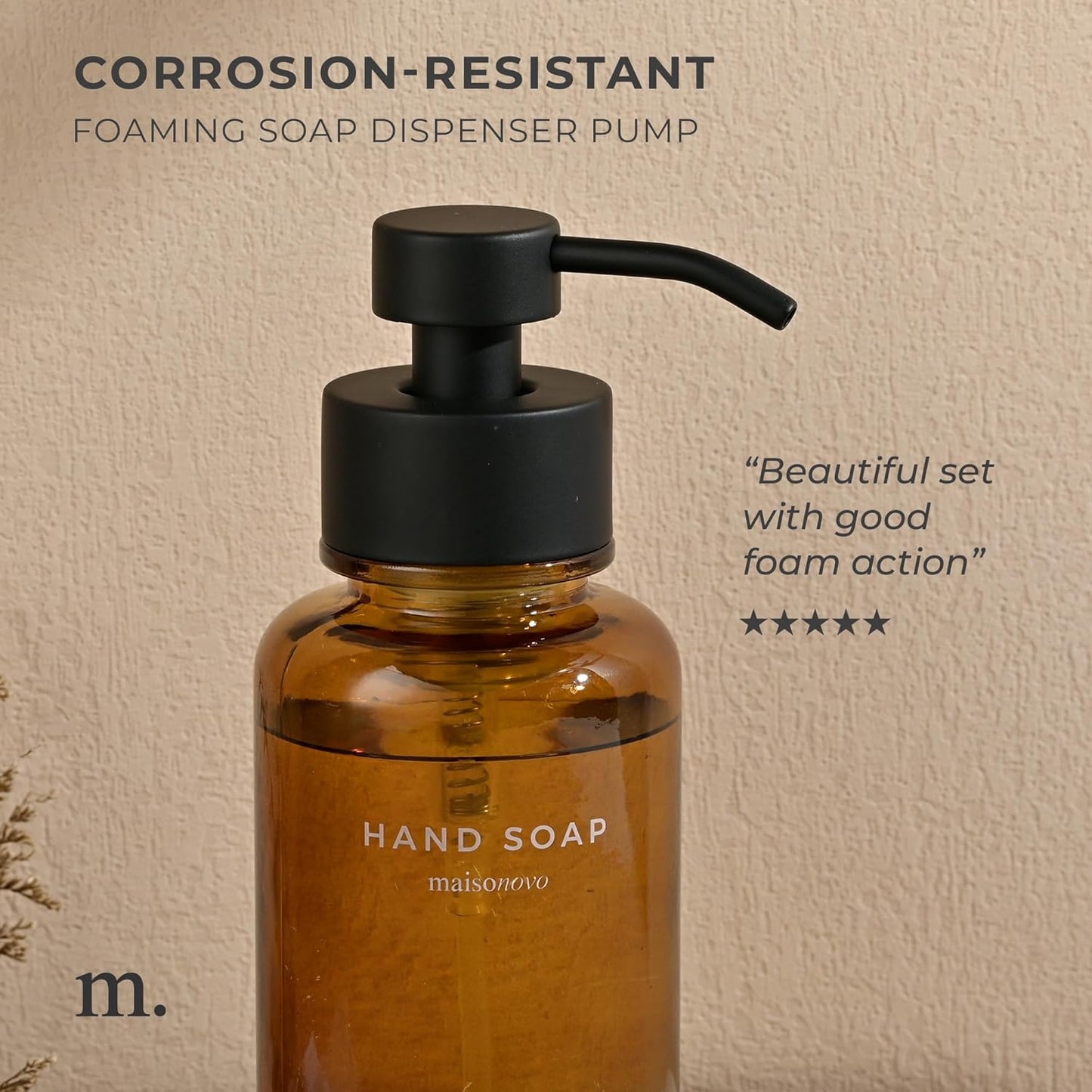 MaisoNovo Glass Foaming Hand Soap Dispenser 14 Oz | Amber Foaming Soap Dispenser Black Pump x 1 w/Labels