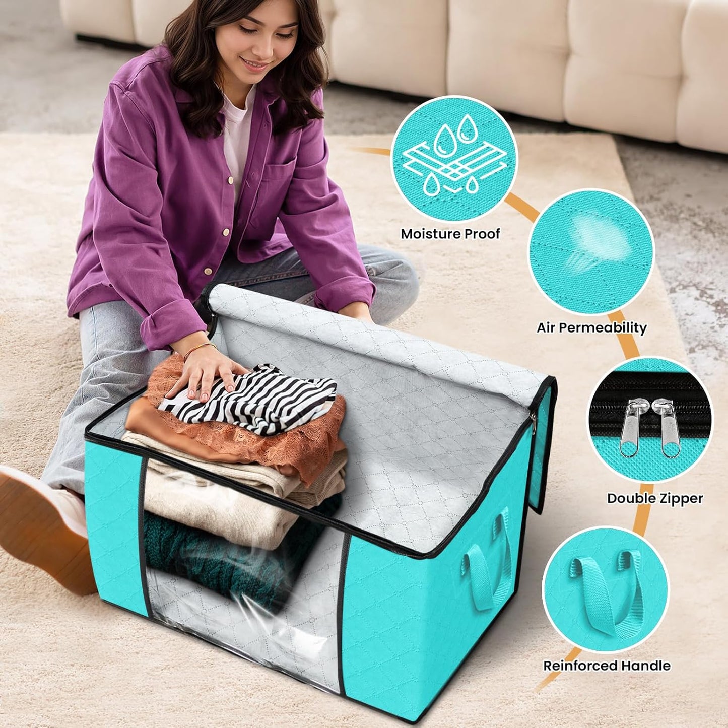 Fab totes 24 Gallons Clothes Storage, Foldable Thick Fabric Blanket Storage Bags, Containers for Organizing Bedroom, Closet, Clothing, Comforter, Organization with Handle (6 Pack,Green)