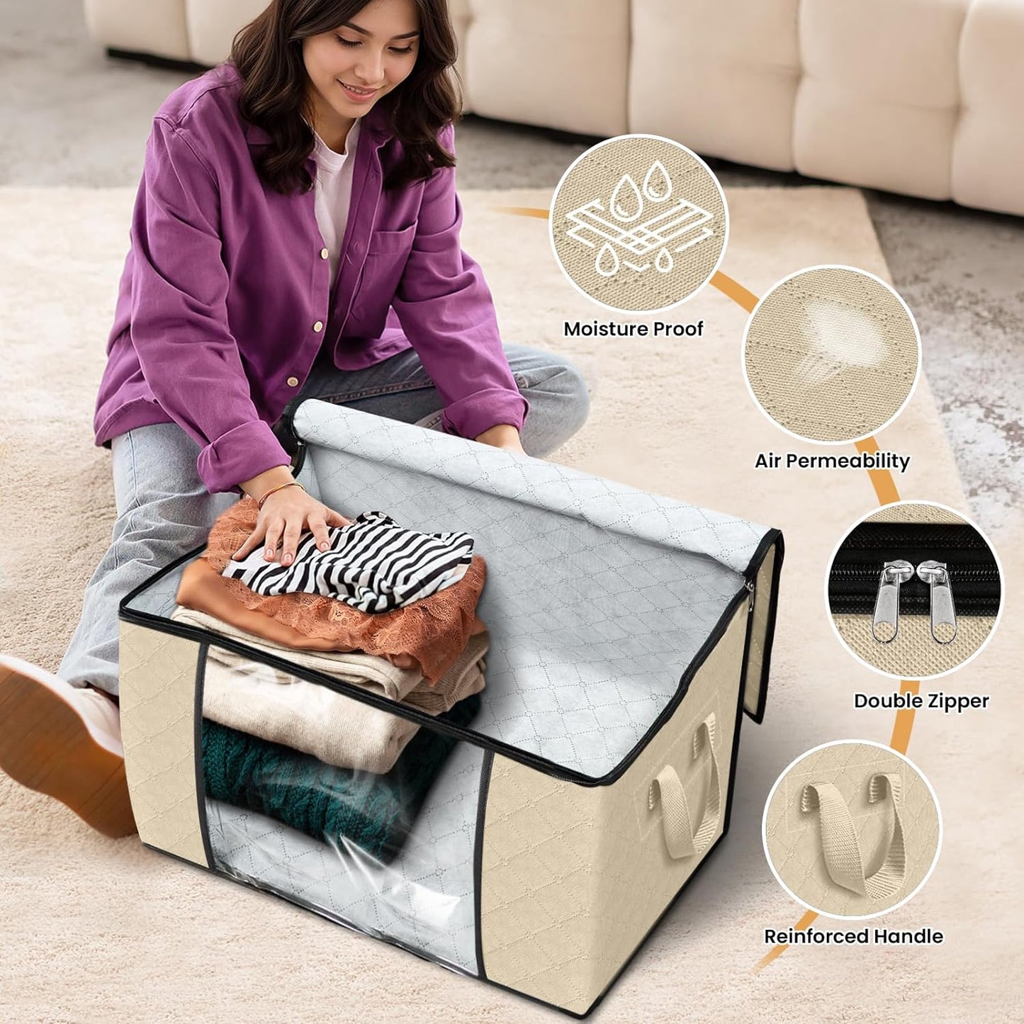 Fab totes 24 Gallons Clothes Storage, Foldable Thick Fabric Blanket Storage Bags, Containers for Organizing Bedroom, Closet, Clothing, Comforter, Organization with Handle (4 Pack,Beige)