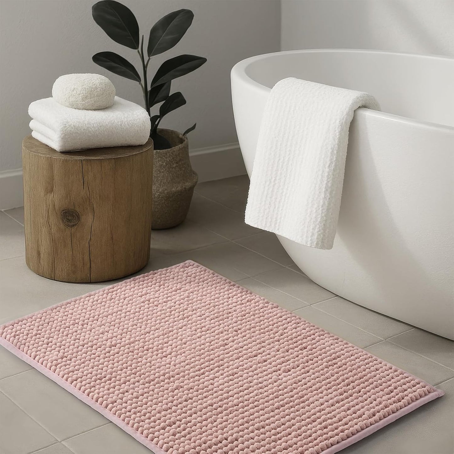 FRESHMINT Thick Chunky Chenille Bathroom Rugs 20"x32", Non Slip Bath Mat for Bathroom Floor, Large Soft Bathroom Decor Accessories, Cute Shower Mat Water Absorbent, Washable, Dusty Pink