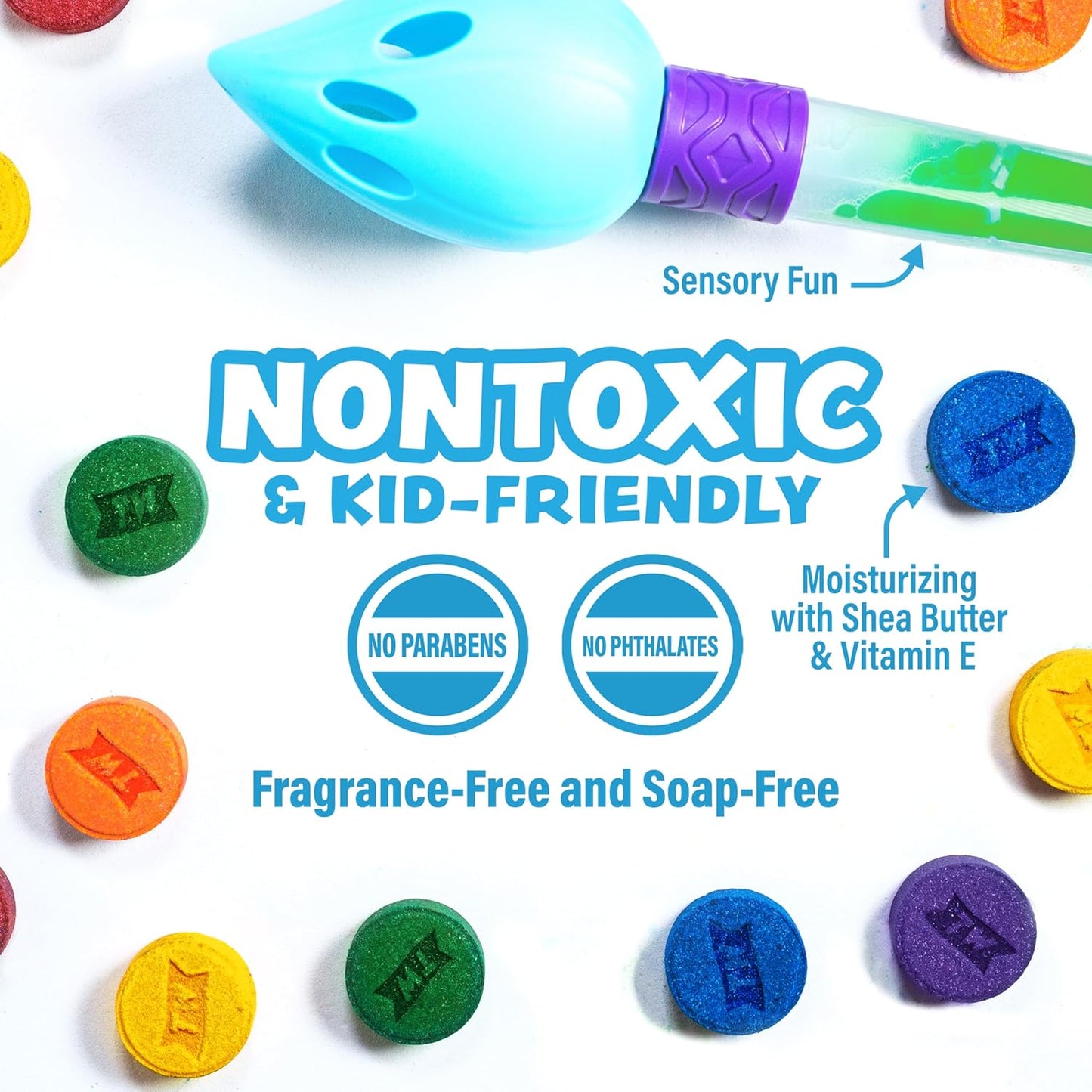 Tub Works® Bath Color Brush™ Kids Bath Bomb Set | Nontoxic & Fragrance-Free | Use Brush to Paint Water with Vibrant, Fizzing Colors | Fun BathBombs for Kids Bath | Creative Bathtub Toys for Toddlers