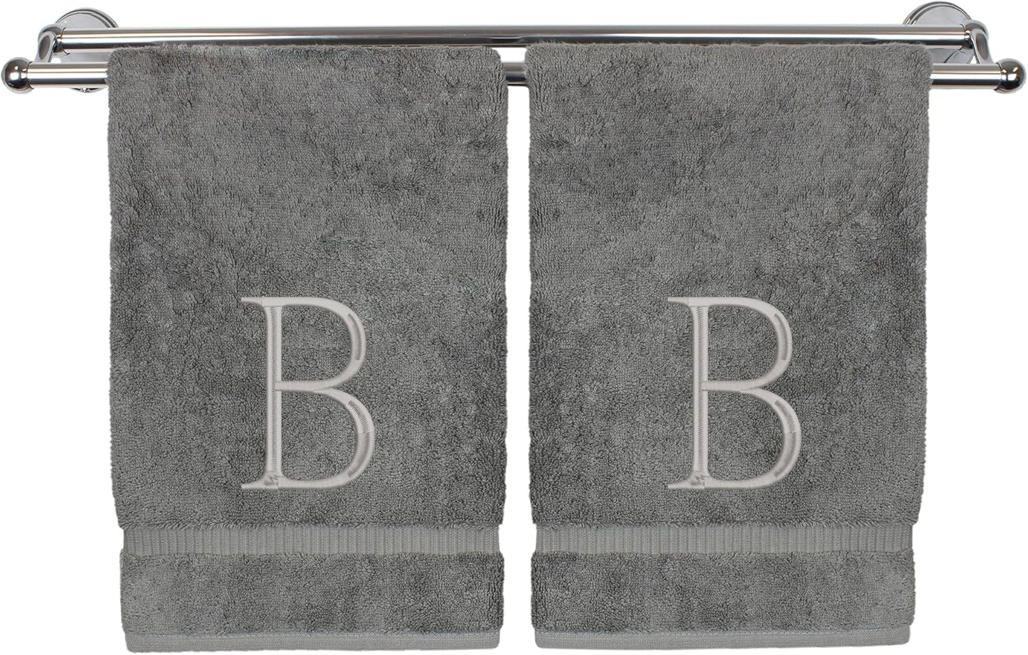 Monogrammed Hand Towel, Personalized Initial Gift, Extra Absorbent 100% Turkish Cotton - Soft Terry Finish - Set of 2 - Silver Block Initial B - Embroidered on Grey Towels