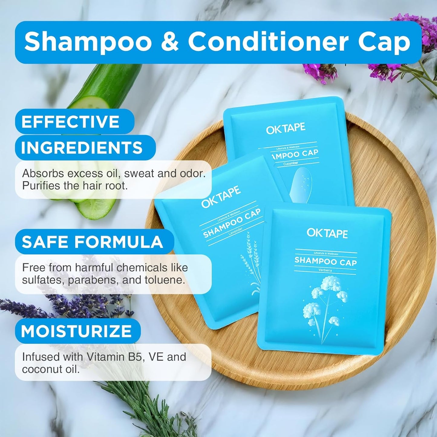 OK TAPE No Water Shampoo Caps (6 Pack) 3 Scents, Rinse Free Shower Cap for Elderly, After Surgery, Camping, Shampoo and Conditioner Hair Wash Cap (Lavender, Verbena and Cucumber Scents)