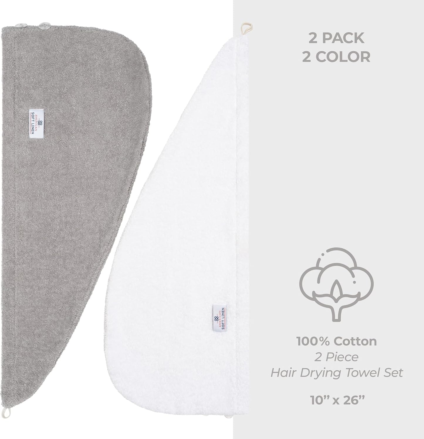 American Soft Linen 100% Cotton Hair Towels for Women, Head Towel Cap, Cotton Hair Turban Towel Wrap for Hair, Soft and Absorbent Cotton Hair Towels 2 Pack, White-Light Gray