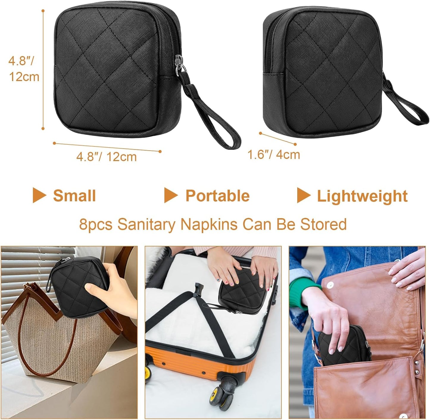 Sanitary Pad Storage Bag, Leather Period Bags for Teen Girls, Portable Tampon Menstrual Cup Pouch Nursing Pad Holder Purse, Sanitary Pouch for Feminine Products 1 Pack(Black)