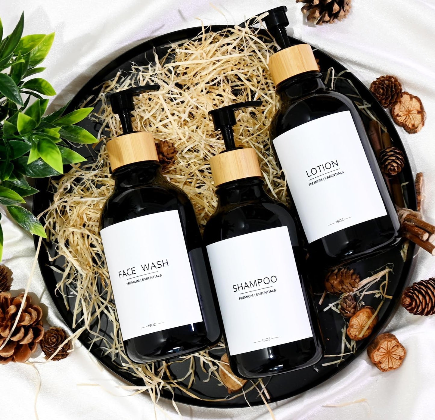 Shower Shampoo and Conditioner Bottles, Apothecary Dispenser Bamboo Pump, Refillable Bottles for Lotion Oil Hand Soap and Dish Soap, Plastic Set (3 Bottles 9 Labels) (3, Black)