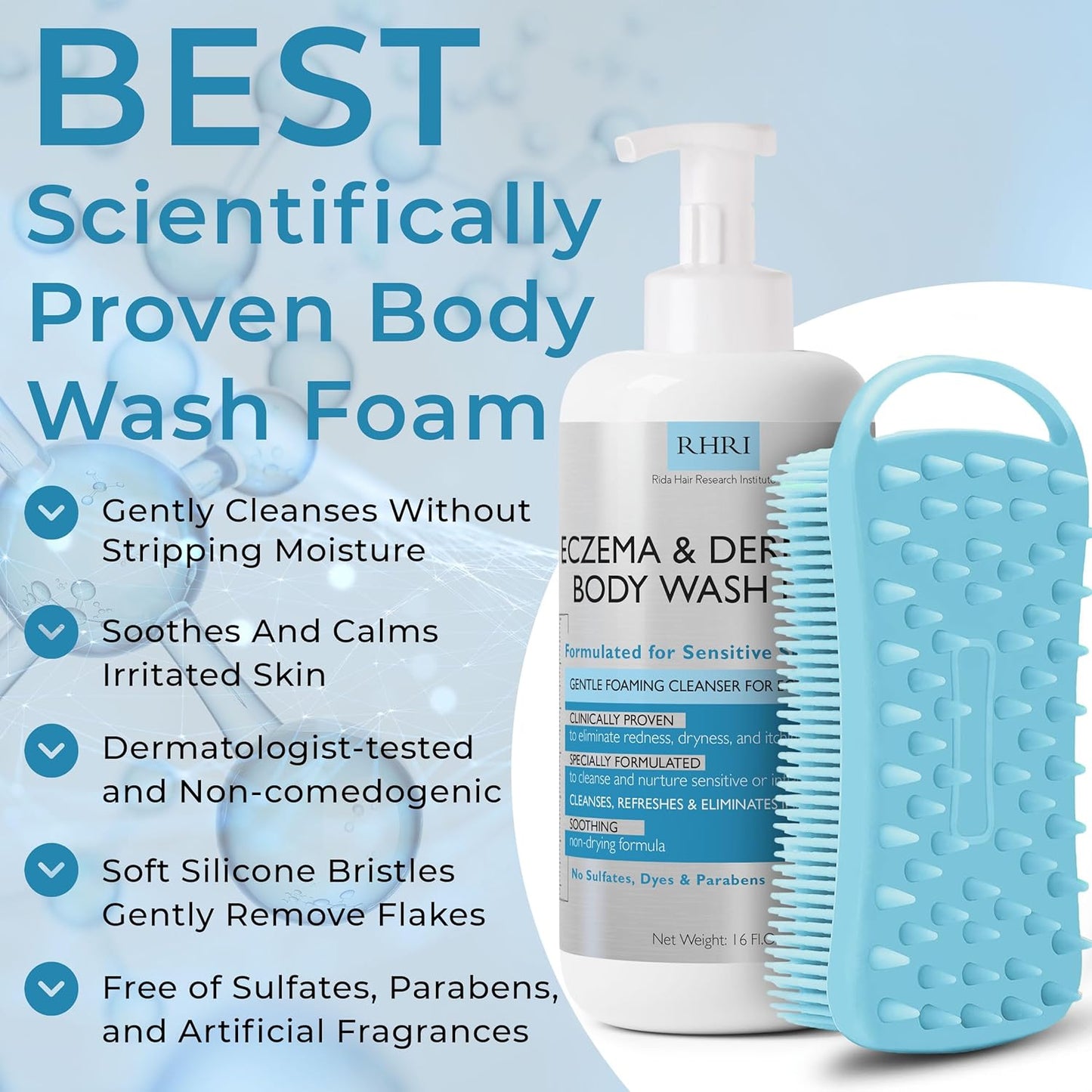 Eczema Body Wash Sensitive Skin | Eczema Treatment | Foaming Cleanser For Eczema Prone Skin | Soothes Dryness & Itching, Gentle On Eczema & Dermatitis, Sulfate-Free With Free Scrubber Brush