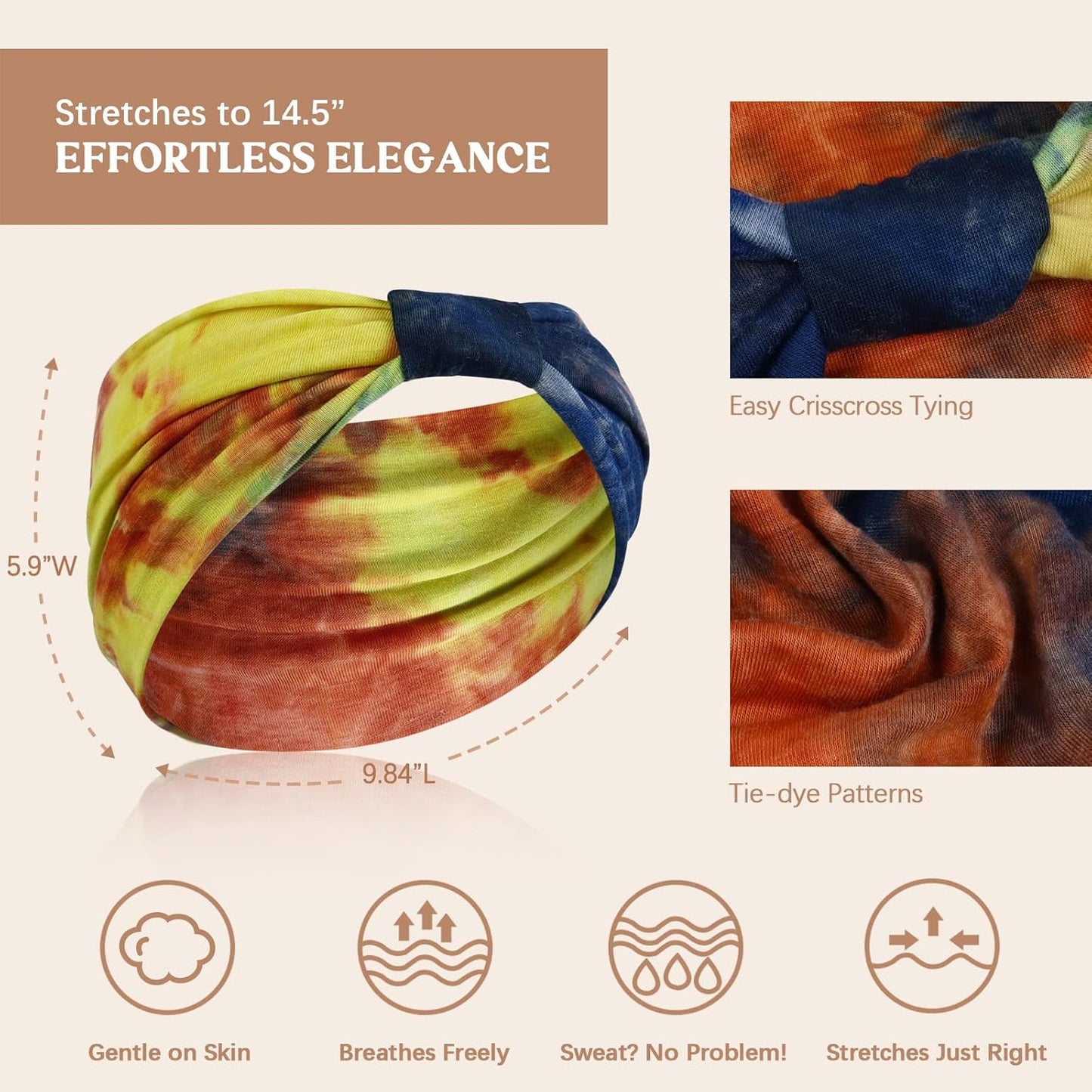 Wide Headbands for Women Knotted No Slip Head Bands Soft Turban Headband Hair Accessories Boho African Solid Color Head Wraps for Women Yoga Workout Pack of 6