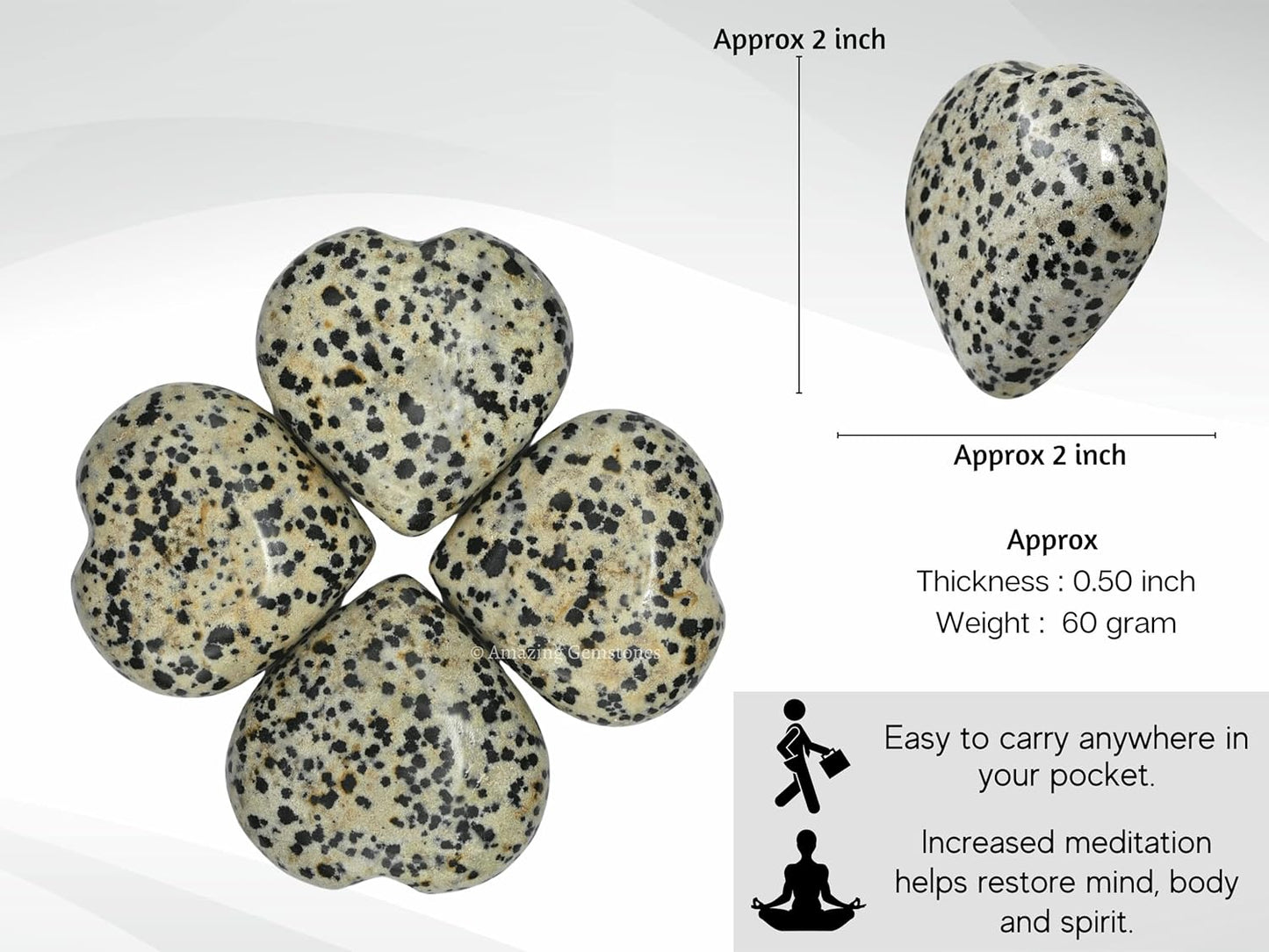 Amazing Gemstone Dalmatian Jasper Crystal Heart Palm Stone - Pocket Massage Worry Stone for Natural Body Chakra Balancing, Reiki Healing and Crystal Grid