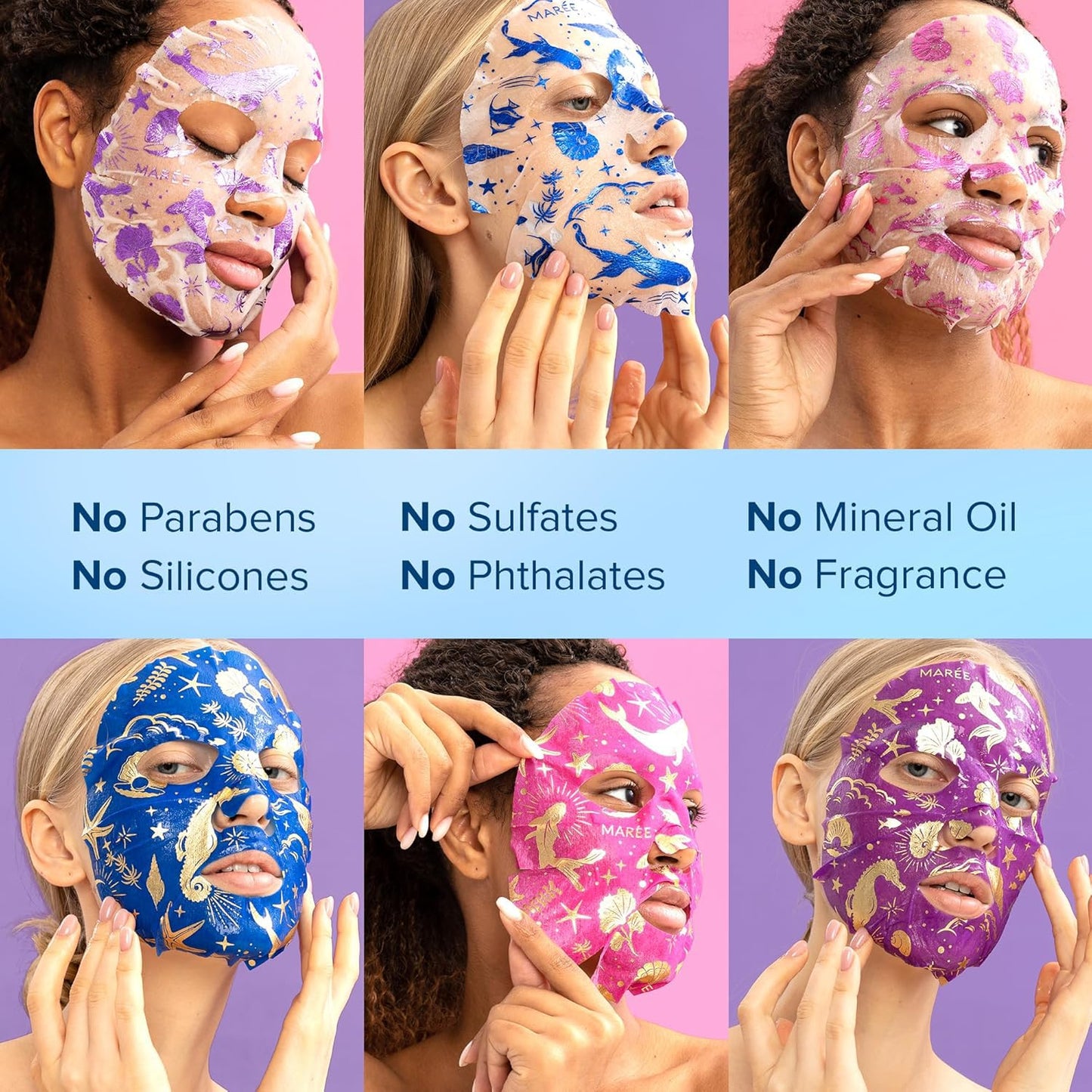 MAREE Collagen Facial Mask with Hyaluronic Acid — Sheet Face Mask Skincare — Centella Asiatica, Green & Red Algae Extract — Hydrating Facemask For Women Skin Care — Mascarillas Para La Cara — 12 Count