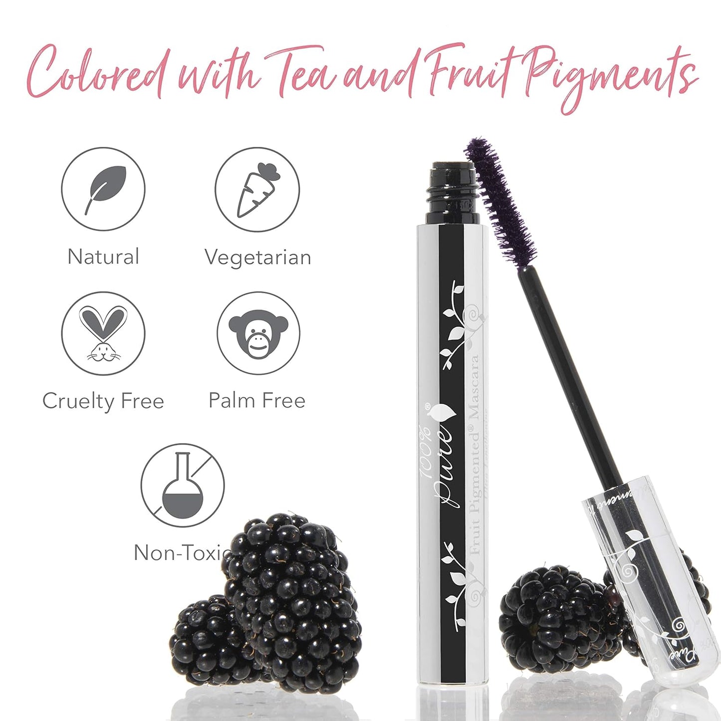 100% PURE Ultra Lengthening Mascara Dramatic Intense Volume & Length Natural Fruit Pigmented Voluminous Eyelash Makeup No Clumping, Smudging or Flaking - Vegan, Blackberry Color - 0.35 oz