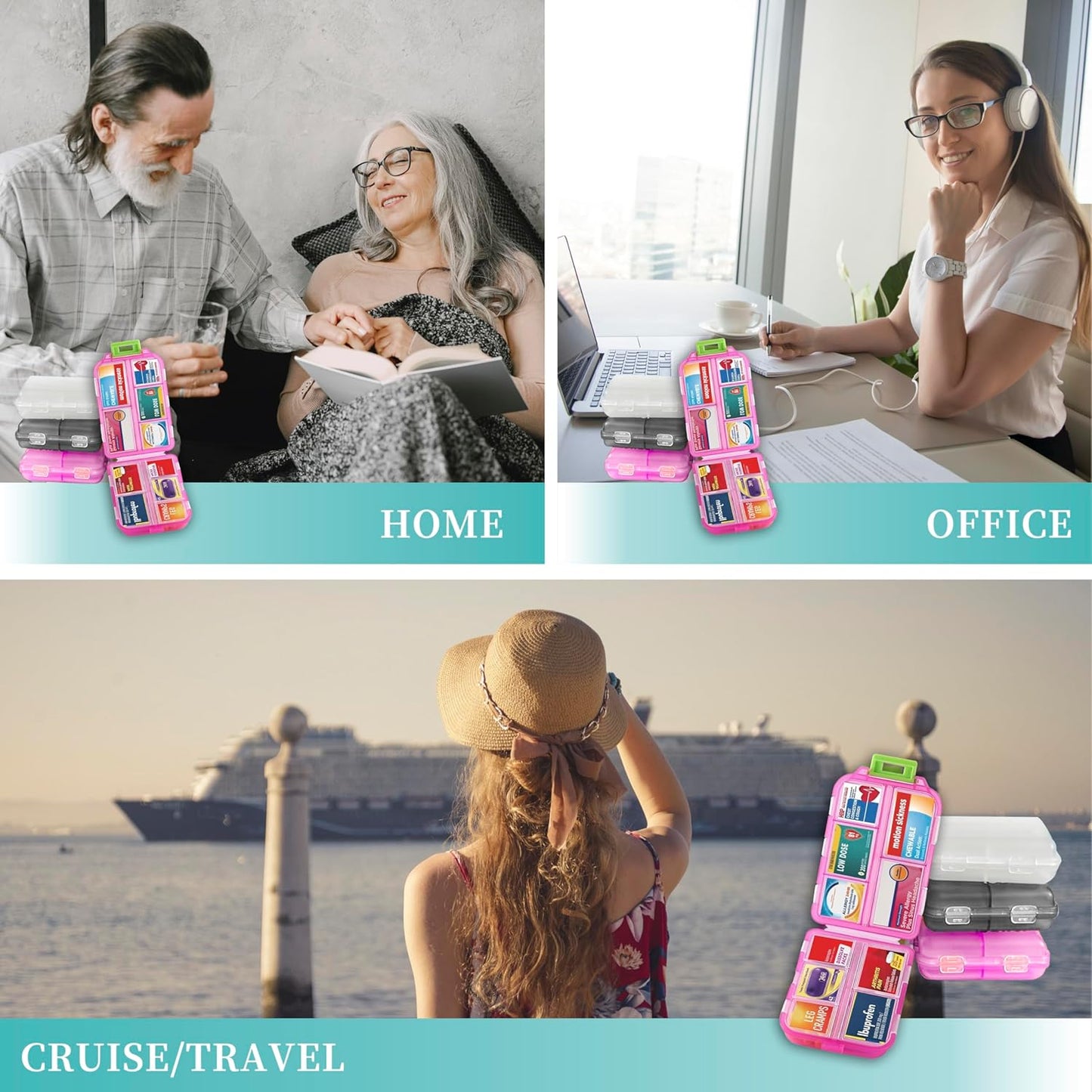 Pill Organizer with Medicine Labels, Travel Daily Pill Container, Mini Medication Organizer, 7-Day Pill Case, Set of 3 (Pink+White+Grey)