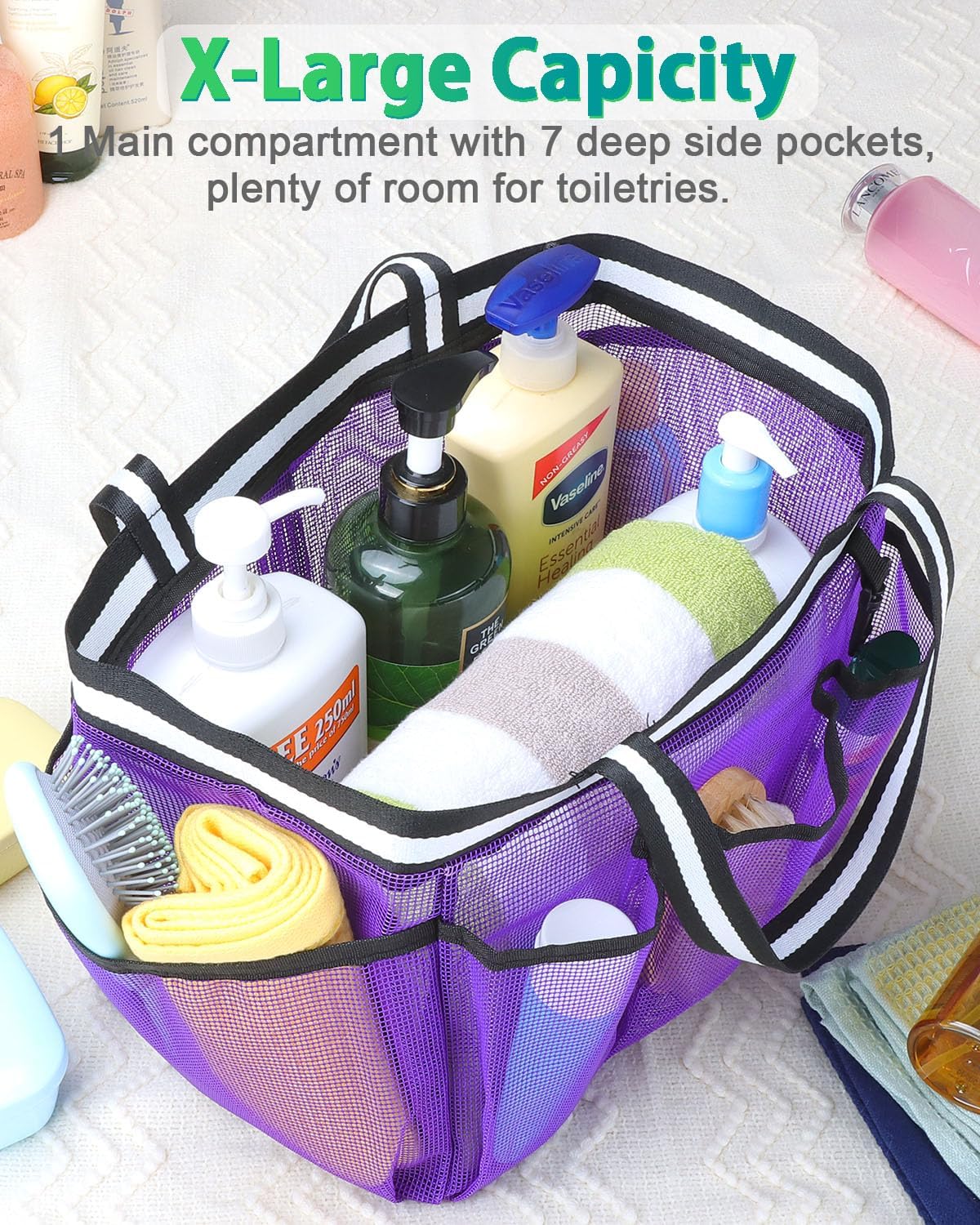 XL Mesh Shower Caddy Portable Shower Bag for College Dorm Camping Travel Gym(Purple)