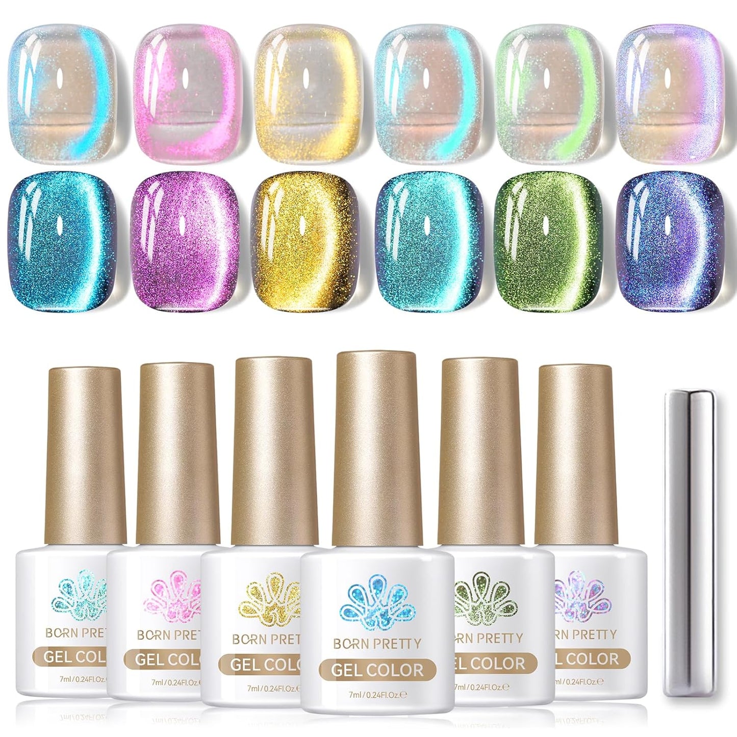 Born Pretty Cat Magnetic Eye Gel Nail Polish Aurora Mermaid Blue Purple Pink Yellow Red Gel Polish Glass Holographic Glitter Gel Nail Polish for Nail Art Manicure Salon DIY 6PCS 7ML