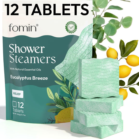 FOMIN Aromatherapy Shower Steamers - 12 Count - Eucalyptus Breeze Bath Bombs with Essential Oil for Stress Relief & Relaxation - Self Care, Spa Gifts for Women and Men - Shower Aroma for Body Wellness