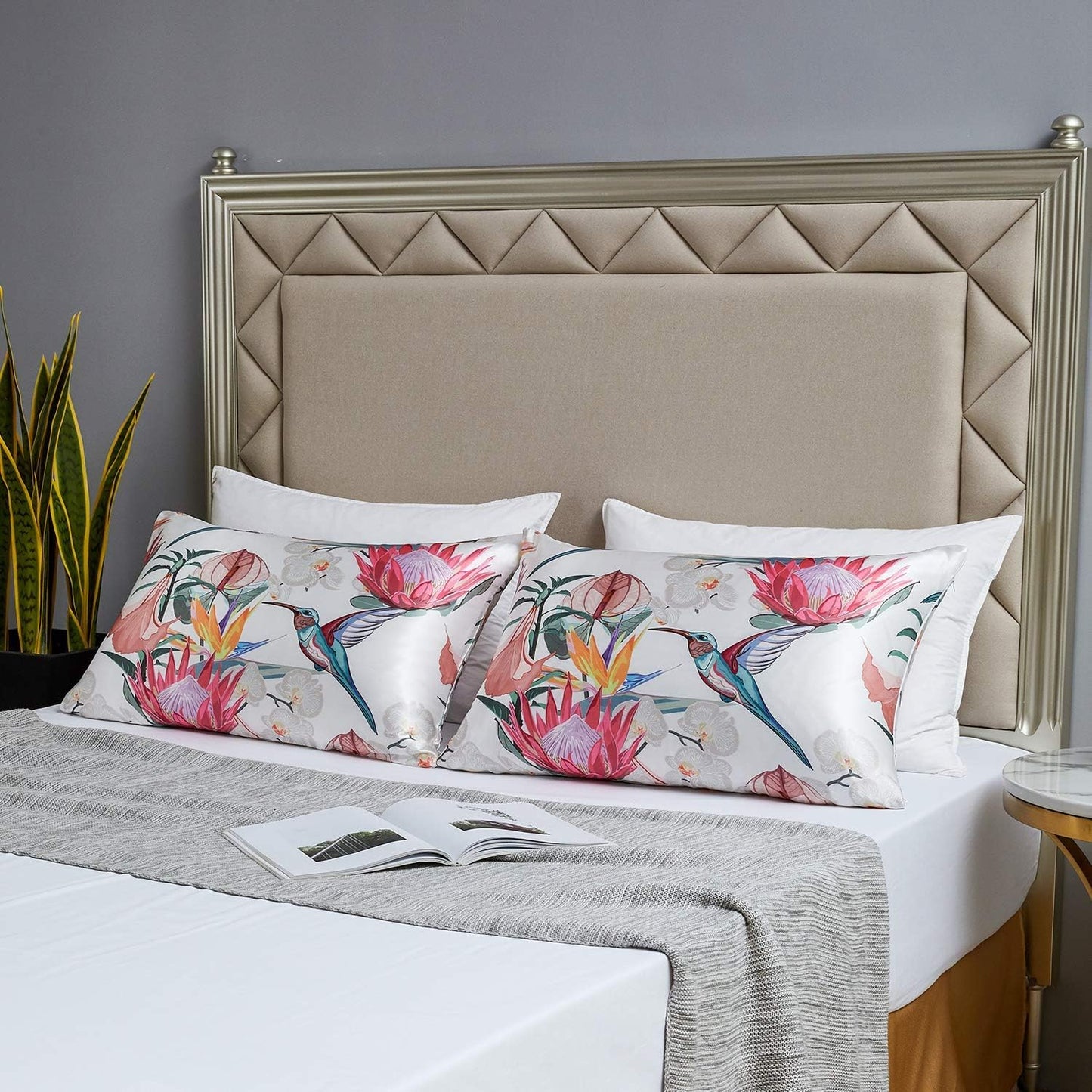 MR&HM Satin Pillowcase for Hair and Skin, Silk Satin Pillowcase 2 Pack, Standard Size Pillow Cases Set of 2, Silky Pillow Cover with Envelope Closure (20x26, Floral Bird)