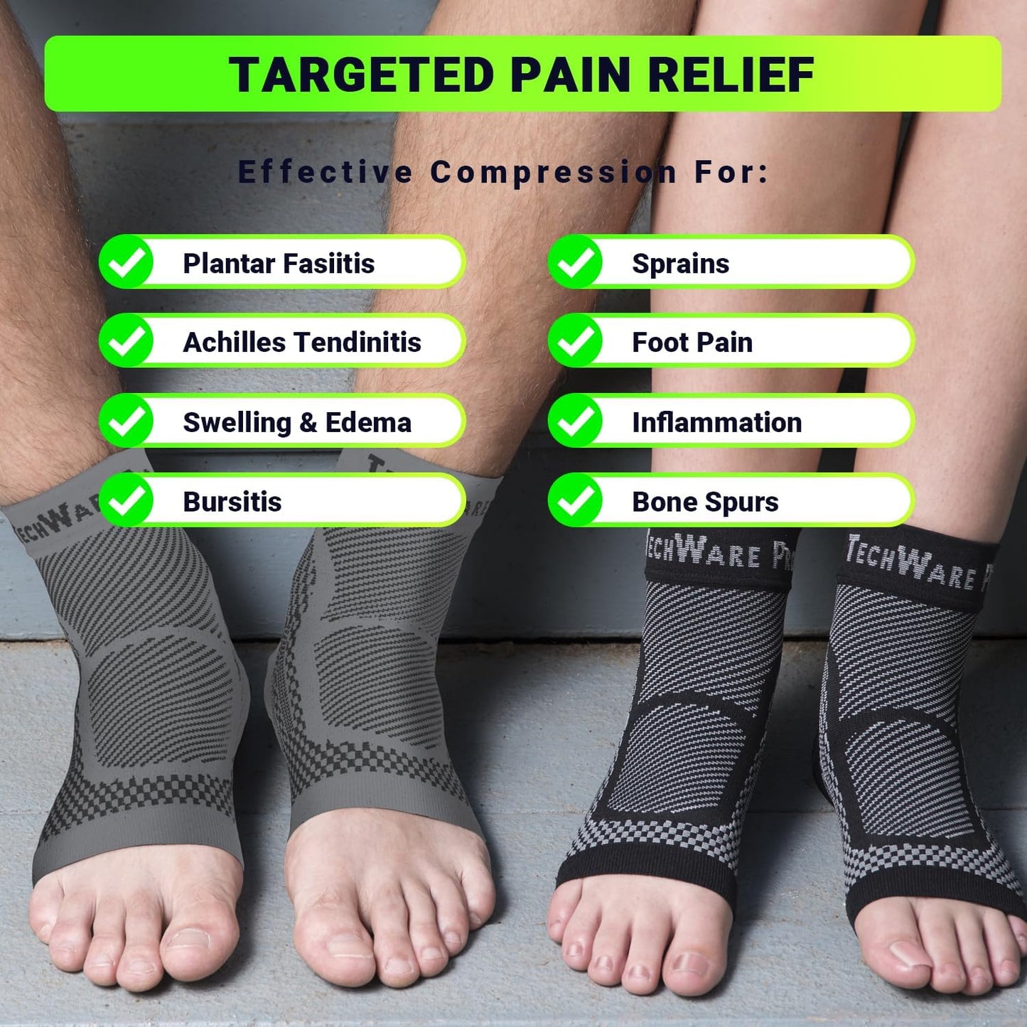 TechWare Pro Ankle Brace Compression Sleeve - Plantar Fasciitis Sock. Relieves Achilles Tendonitis. Foot Arch Support Reduces Joint Pain, Swelling & Heel Spur Pain. Injury Recovery Braces for Sports